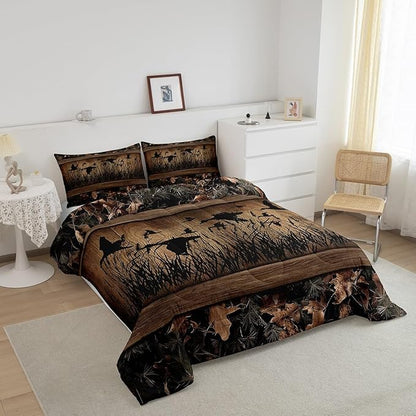 Erosebridal Camo Mallard Duck Comforter Set for Kids Boys Men Rustic Farmhouse Cabin Bedding Comforter Sets Queen,Hunting Woodland Duck Bedding Set Country Wood Board Animal Silhouette Bed Set