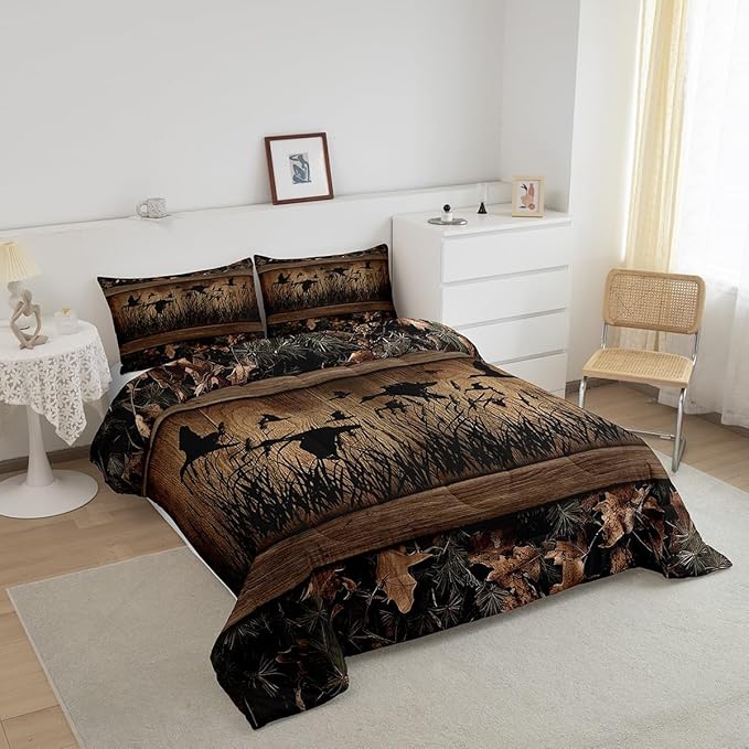 Erosebridal Camo Mallard Duck Comforter Set for Kids Boys Men Rustic Farmhouse Cabin Bedding Comforter Sets Twin,Hunting Woodland Duck Bedding Set Country Wood Board Animal Silhouette Bed Set