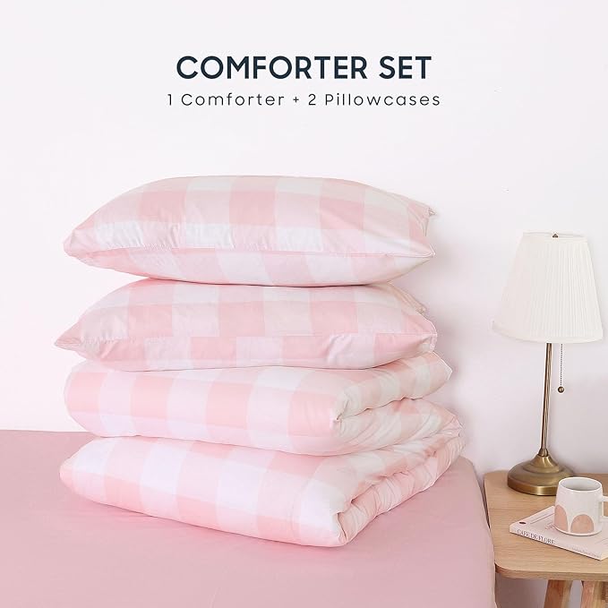 Wake In Cloud - Gingham Comforter Set, Plaid Buffalo Check Checkered Cottagecore Cute Geometric, Soft Lightweight Bedding, 3 Pieces, Pink, Twin/Twin XL Size