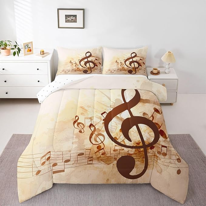 Erosebridal Musical Notes Comforter Set Full, Retro Rotating Music Down Comforter for Kid Adult, Rock Music Grunge Style Quilted Duvet, Brown Tie Dye Warm Duvet Insert,Lightweight Reversible