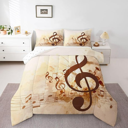 Erosebridal Musical Notes Comforter Set Queen, Retro Rotating Music Down Comforter for Kid Adult, Rock Music Grunge Style Quilted Duvet, Brown Tie Dye Warm Duvet Insert,Lightweight Reversible