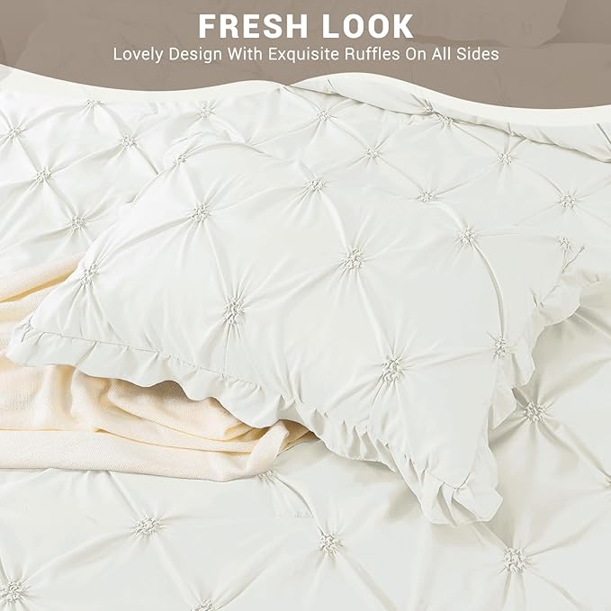 JOLLYVOGUE Ivory Cal King Size Comforter Sets 7 Pieces, Pintuck Bed in a Bag Comforter Set for Bedroom, Bedding Comforter Sets with Comforter, Sheets, Ruffled Shams & Pillowcases