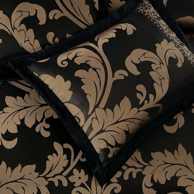 Chezmoi Collection Valor 7-Piece California King Bed in a Bag, Black/Gold Luxury Jacquard Floral Comforter with Sheets Set for All Season