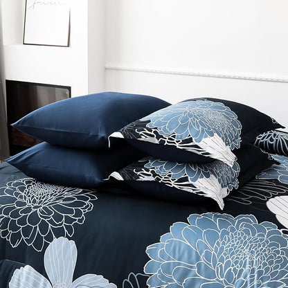 Yiran Navy Blue Floral Boho Comforter Set King Size 7 Pieces Bed in a Bag Flowers Soft Microfiber Bedding Set(1 Comforter 1 Flat Sheet 1 Fitted Sheet 2 Pillowshams 2 Pillowcases)