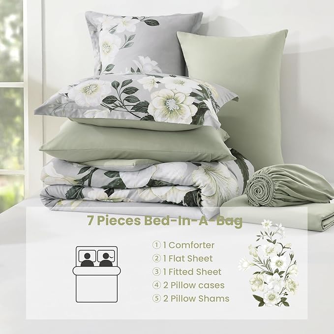 King Size Comforter Set - 7 Pieces Floral Comforter Set, Elegant Sage Green Flower Bed in a Bag King Soft Microfiber Bedding Set for All Seasons (Sage Green,104"x90")