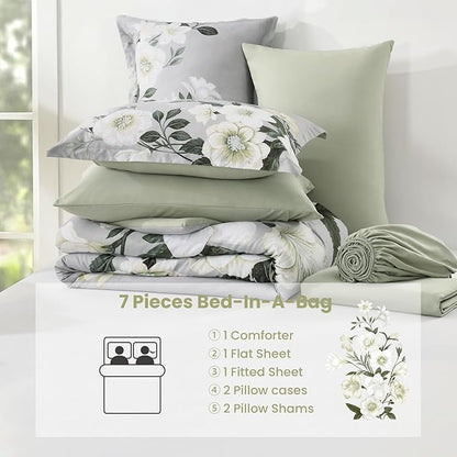 King Size Comforter Set - 7 Pieces Floral Comforter Set, Elegant Sage Green Flower Bed in a Bag King Soft Microfiber Bedding Set for All Seasons (Sage Green,104"x90")