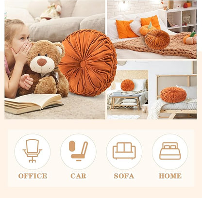 1 Pcs Round Throw Pillows Decorative Velvet Pleated Throw Pillows 15'' Diameter Accent Pumpkin Boho Chair Cushion for Couch Sofa Chair Bed Home Decoration (Burnt Orange)