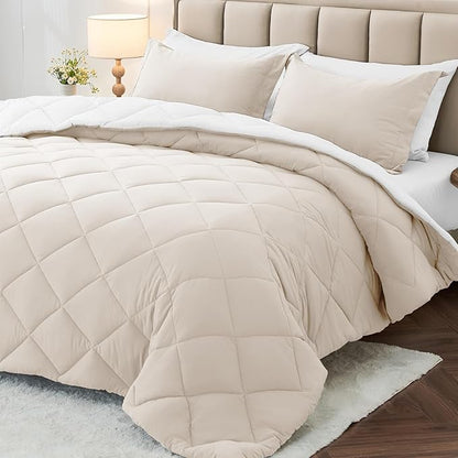 MUXHOMO 7 Pieces King Comforter Set, Reversible Bed in a Bag King Size, All Season Bedding Set with Comforter, Flat Sheet, Fitted Sheet, Pillowcases & Shams, Beige & White