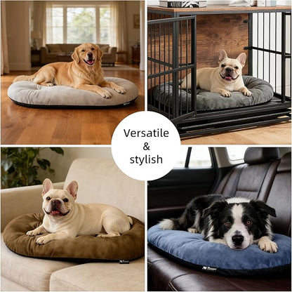 Dog Bed for Small Dogs & Cats 23”x17”, Non-Slip Washable Faux Silver Fox Fur Crate Pad, Durable Oval Pet Mat, Beige