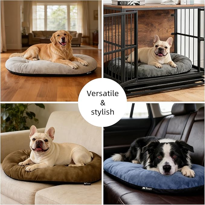 Washable Large Dog Bed for Medium & Large Breeds, Non-Slip Bottom & Plush Faux Silver Fox Fur Oval Cushion Pad for Big Dogs, Soft Mat for Crates, Beige, 41x27 Inch