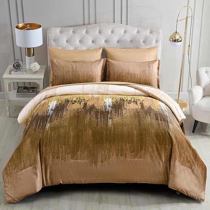 WONGS BEDDING Brown Comforter Set Queen,7 Pieces Bed in a Bag Abstract Art Gradient Comforter Soft Microfiber Bedding Set -1 Comforter, 1 Flat Sheet, 1 Fitted Sheet, 2 Pillow Shams,2 Pillowcases