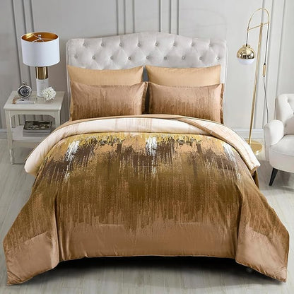 WONGS BEDDING Brown Comforter Set Queen,7 Pieces Bed in a Bag Abstract Art Gradient Comforter Soft Microfiber Bedding Set -1 Comforter, 1 Flat Sheet, 1 Fitted Sheet, 2 Pillow Shams,2 Pillowcases