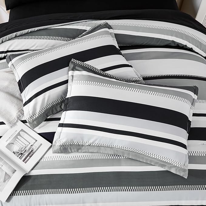 WONGS BEDDING Queen Size Comforter 7 Pieces, Black Queen Comforter Set with Sheets, Boho Striped Bed in a Bag Soft Micorfiber Bedding Set for All Seaon (90"×90")