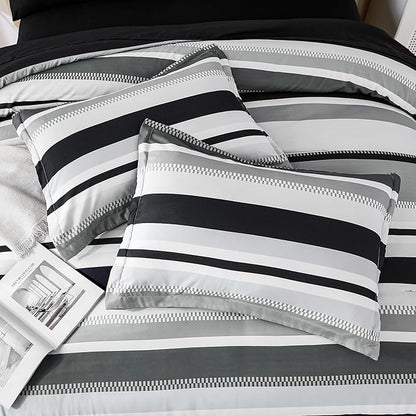 WONGS BEDDING King Size Comforter 7 Pieces, Black King Comforter Set with Sheets,Striped Bed in a Bag Boho Lightweight Bedding Set for All Seaon (104"×90")