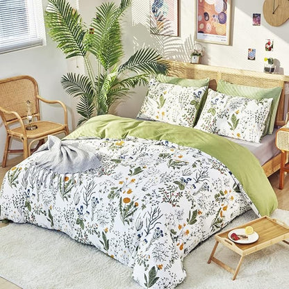 CLOTHKNOW Green White Floral Queen Comforter Set 3Pcs Boho Bedding Comforter Sets All Season Farmhouse Comforter Botanical Comforter with 2 x Pillow Cases