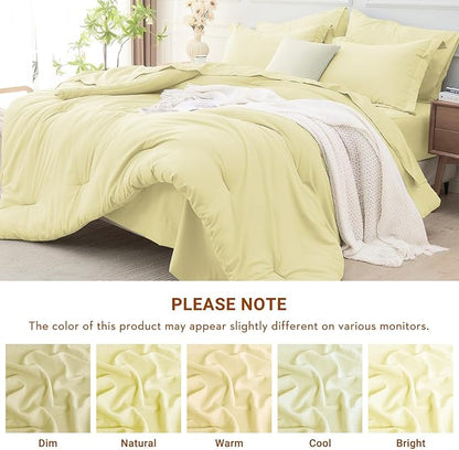 MUXHOMO 7 Pieces California King Comforter Set, Soft Bed in a Bag Cal King Size, All Season Bedding Set with Comforter, Flat Sheet, Fitted Sheet, Pillowcases & Shams, Cream Yellow