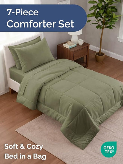 Twin XL Comforter Set - 5 Piece Bed in a Bag Twin XL Size Bed Set - Down Alternative Comforter, Flat Sheet, Fitted Sheet, Pillowcase & Sham for All Seasons - Ultra Soft, Comfy, Breathable - Sage Green