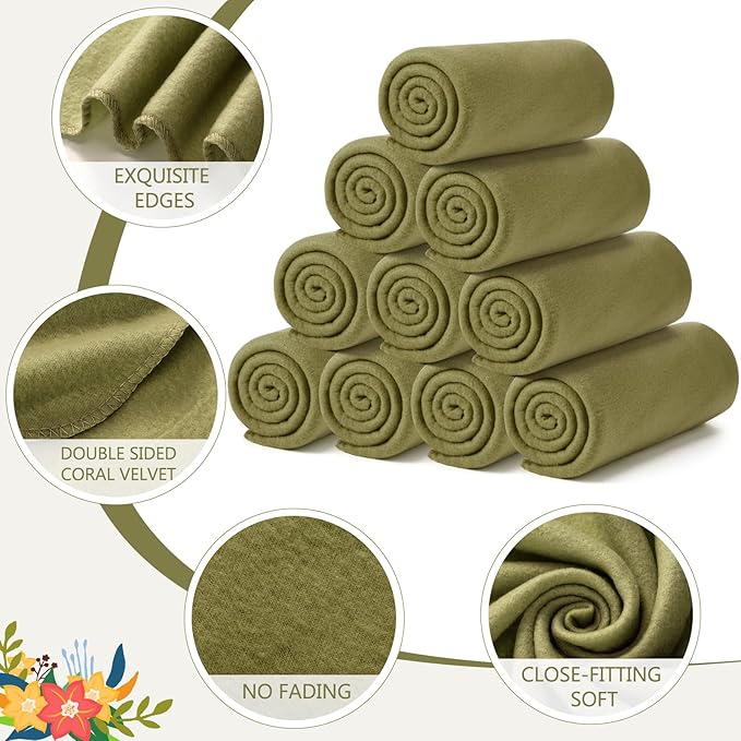 Buryeah 10 Pcs Fleece Blanket Bulk Soft Warm Blankets Cozy Fleece Lightweight Throw Blankets Plush Pet Throw Blanket for Home Bed Sofa Office Wedding Gifts Travel(50" X 60",Olive Green)