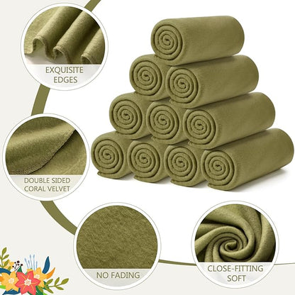 Buryeah 10 Pcs Fleece Blanket Bulk Soft Warm Blankets Cozy Fleece Lightweight Throw Blankets Plush Pet Throw Blanket for Home Bed Sofa Office Wedding Gifts Travel(50" X 60",Olive Green)