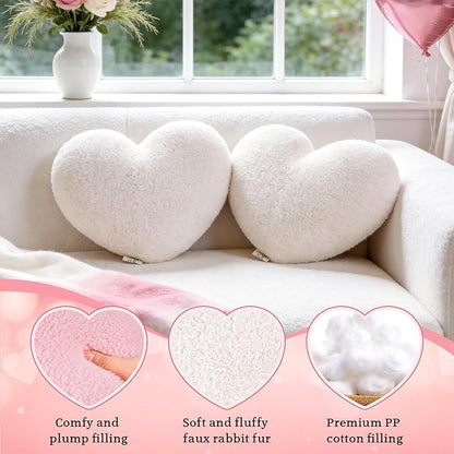 White Heart Pillow Decorative Throw Pillows, Fuzzy Heart Shaped Pillow for Bed Couch Chair, Plush Cute Love Pillow Cushion for Room Decor, Valentines Day, 15" x 13"