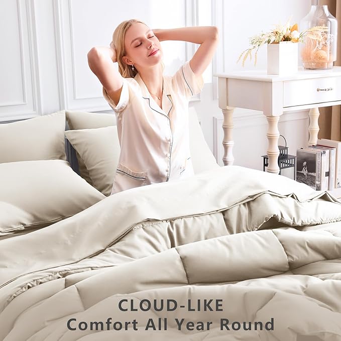 CozyLux Oversized Queen Comforter Sets Beige, 7 Pieces Bed in a Bag, Ultra-Soft All Season Bedding Sets with Stitch Quilted Comforter, Flat Sheet, Fitted Sheet, Pillowcases, Beige