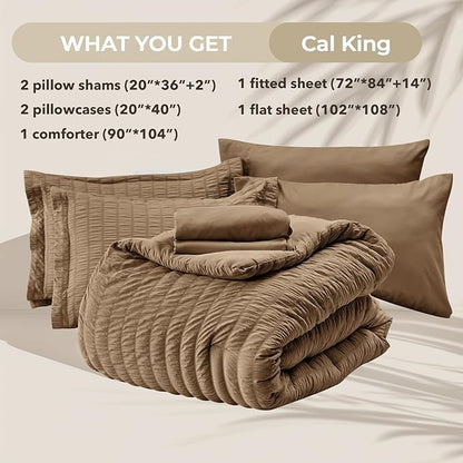HYMOKEGE Brown California King Comforter Set Seersucker 7 Pieces, All Season Luxury Bed in a Bag for Bedroom, Bedding Set with Comforter, Sheets, Pillowcases & Shams