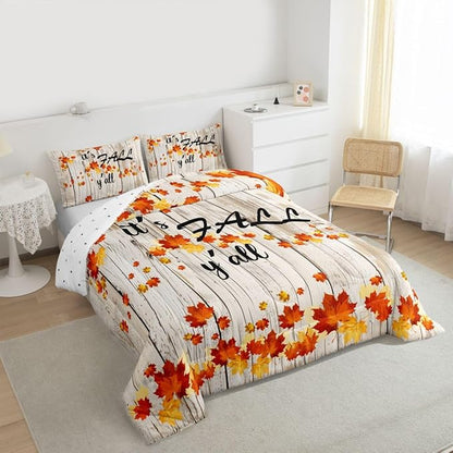 Fall Maple Leaves Bedding Sets King Autumn Nature Botanical Comforter Set Rustic Farmhouse Fall Bedding Comforters For Kids Adults Soft Lightweight Bed Duvet Set Orange Gold Beige 2 Pillow Cases