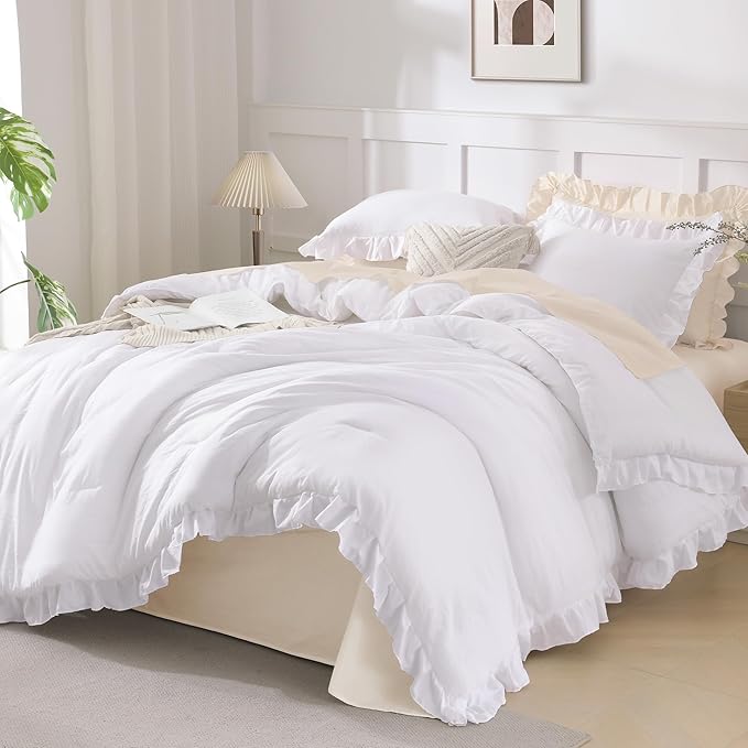 Andency Oversized King Ruffle Comforter Set 120x120, 3 Pieces White Lightweight Fluffy Super King Bedding Set, Shabby Chic Famhouse All Season Bed Set for Girls Women