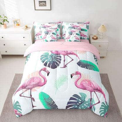 Erosebridal Girls Kids Flamingo Animal Pink Green Full Comforter Set 7 Pieces | Tropical Leaves Bed in A Bag for Bedroom Botanical Bedding Set with Comforters Women Kids Room Decor