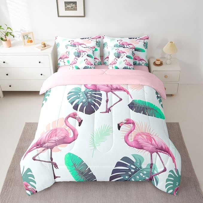 Erosebridal Girls Kids Flamingo Animal Pink Green Comforter Set Queen Size 7 Pieces | Tropical Leaves Bed in A Bag Botanical Bed Set Women Kids Bedding