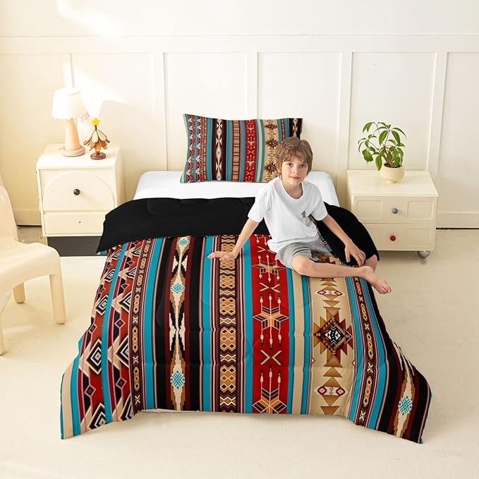 Aztec Bedding Set Ethnic Tribal Arrow Comforter Set,Vintage Southwestern Native Bohemian Quilt Twin,Western Star Duvet Insert Exotic Geometric Diamond Stripes Room Decor,Burnt Sienna Brown