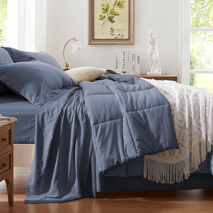 Anluoer Full Comforter Set 7 Piece, Grayish Blue Bed in a Bag with Sheets, Comforters Full Size Bedding Sets with 1 Comforter, 2 Pillow Shams, 2 Pillowcases, 1 Flat Sheet,1 Fitted Sheet