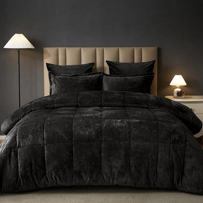 PHF Double-Sided Velvet Comforter Set Queen Size, 5 Piece Soft Luxury Winter Warm Bedding Sets, Modern Bed in A Bag Including 1 Cozy Comforter, 2 Pillow Shams, 2 Euro Shams for Home Decor, Black
