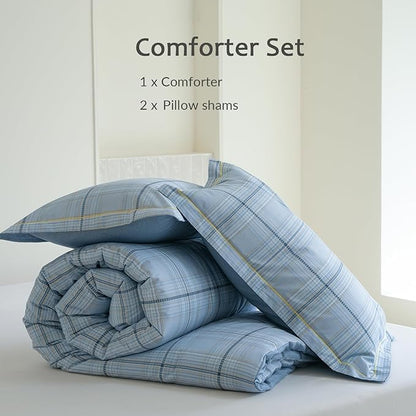 Queen Size Blue Plaid Comforter Set, 3Pcs Cotton Duvet for All Seasons, Warmth Breathable Bedding Set with 1 Lightweight Comforter and 2 Pillow Shams