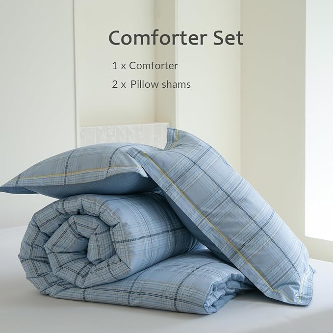 King Size Blue Plaid Comforter Set, 3Pcs Cotton Duvet for All Seasons, Warmth Breathable Bedding Set with 1 Lightweight Comforter and 2 Pillow Shams