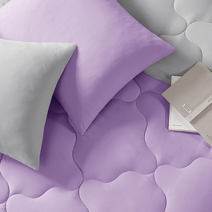 Comfort Spaces Vixie Reversible Comforter Set - Trendy Casual Geometric Quilted Cover, All Season Down Alternative Cozy Bedding, Matching Sham, Lavendar/Gray, Twin/Twin XL 2 piece