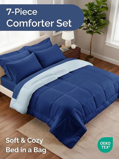 Full Comforter Set - 5 Piece Bed in a Bag Full Size Bed Set - Down Alternative Comforter, Flat Sheet, Fitted Sheet, Pillowcase & Shams for All Seasons - Soft, Comfy & Breathable - Navy Blue/Sky Blue