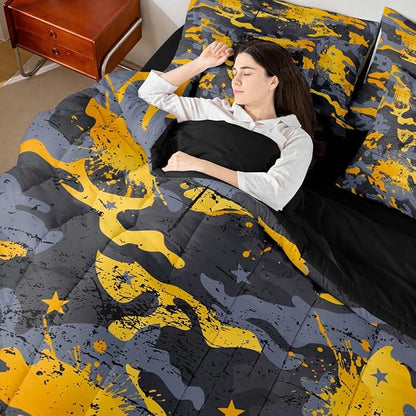Erosebridal Camouflage King Comforter Set Stars 7-Piece Bed in A Bag Graffiti Watercolor Ombre Retro Military Sheets and Pillowcases Grey Yellow Bed Sets