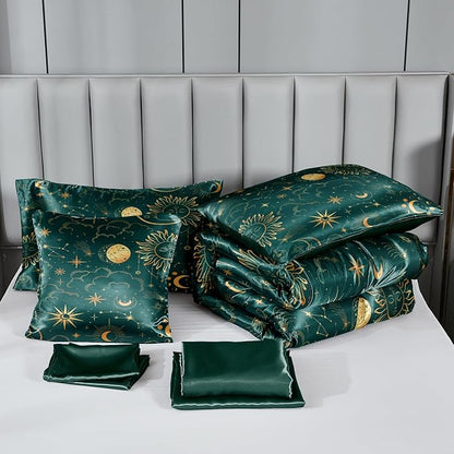 Sun and Moon Comforter Set Blue Green Satin Bedding King Stars Cloud Galaxy Comforter Mysterious Celestial Theme Silk Like Silky Bed in A Bag with Comforter and Sheets
