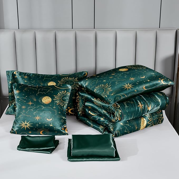 Sun and Moon Comforter Set Blue Green Satin Bedding Queen Stars Cloud Galaxy Comforter Mysterious Celestial Theme Silk Like Silky Bed in A Bag with Comforter and Sheets