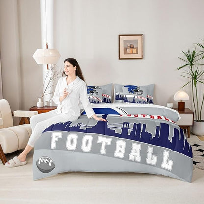 Erosebridal Football 7 Pcs Comforter Set King Football Fans Bedding for Kids Football City Sheet Set Bed in A Bag Grey Blue Rugby Competition Room Decor Sports Ball Game Quilt