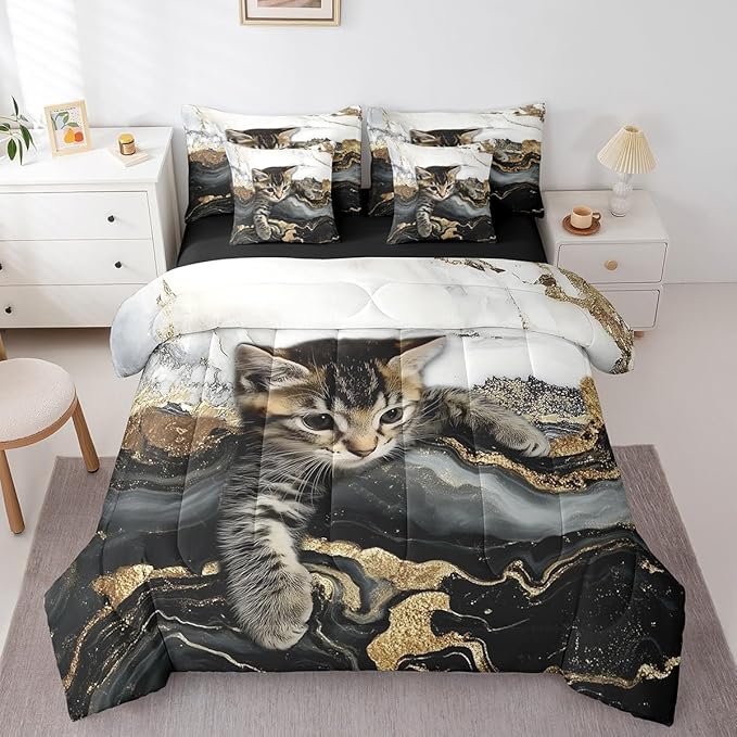 Erosebridal Black and White Bedding Set Watercolor Marble Printed Bed in A Bag for Full Bed, Cute Cat Gold Marbling Comforter Sets with Sheets Burning Mountain Retro Artwork Design Bedding 7 Pieces