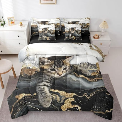 Erosebridal Black and White Bedding Set Watercolor Marble Printed Bed in A Bag for Full Bed, Cute Cat Gold Marbling Comforter Sets with Sheets Burning Mountain Retro Artwork Design Bedding 7 Pieces