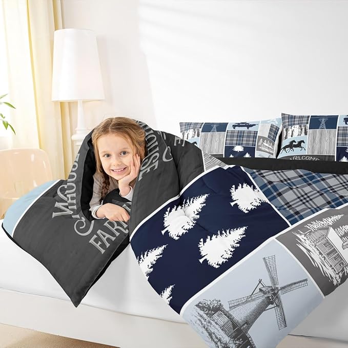 Erosebridal Farmhouse Horse Quilt, Rustic Windmill Comforter Set Twin Lodge Cabin Patchwork Bedding Set for Kids Teens Adult, Farm Animal Cowboys Horseshoe Down Comforter, 1 Pillow Case, Grey Blue