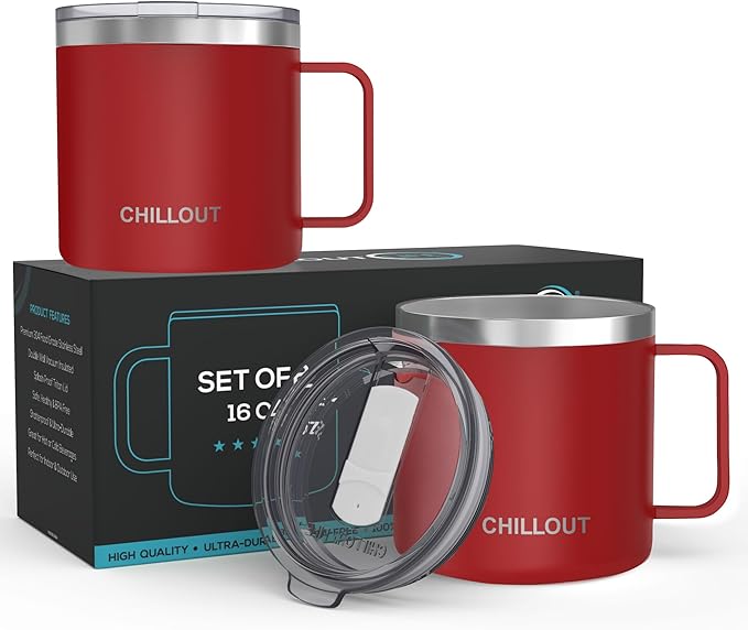 CHILLOUT LIFE Stainless Steel 16 oz Vacuum Insulated Coffee Mug with Handle and Lid, Large Thermal Camping Coffee Mugs with Sliding Lid for Men & Women, Keeps your Beverages Hot/Cold, 2 Pack