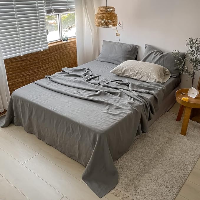 Simple&Opulence Washed Linen Bed Sheet Set Basic Style 4 Pieces (1 Flat Sheet & 1 Fitted Sheet & 2 Pillowcases) 100% Natural French Flax Soft Breathable Farmhouse Bedding (Queen, Ultimate Gray)
