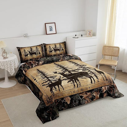 Erosebridal Camo Deer Queen Comforter Set for Kids Boys Teen,Tree Branches Camouflage Hunting Bedding Set Woodland Animal Quilt Comforter Retro Pine Tree Wildlife Quilt Set 3 Pcs Bedroom Decor