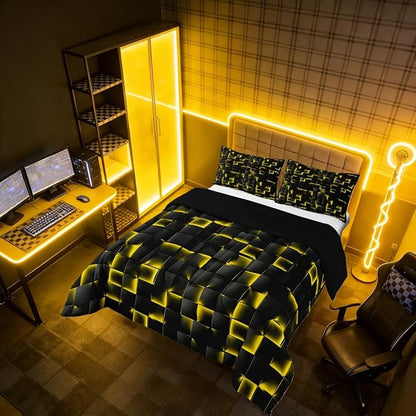 Erosebridal Geometric Checkered Comforter Full Size Neon Black Gold Comforter Set for Kids Teen Men Gaming Room Decor,Abstract Ombre Plaid Bedding Set Grids Quilt Duvet