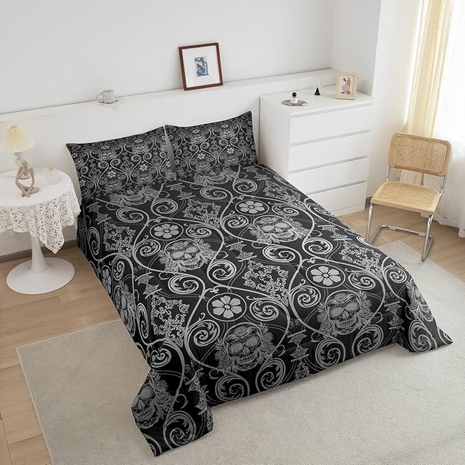 Feelyou Adults Grey Vintage Damask Floral Comforter Set Oriental Antique Comforter Full Size Exotic Sugar Skull Rose Bedding Set Gothic Bohemia Boho Duvet Set Quilt Set 3Pcs