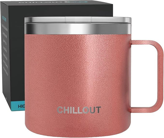 CHILLOUT LIFE Stainless Steel 16 oz - Vacuum Insulated Coffee Mug with Handle and Lid, Large Thermal Camping Coffee Mug Cup with Durable Sliding Lid for Women - Rose Gold